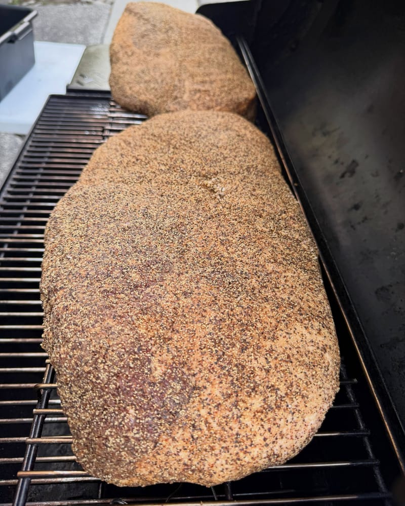 What’s on your smoker? I’ll go first. 2x18lb prime briskets. Starting at 9am. Done by 9pm. Hot hold overnight until tomorrow…