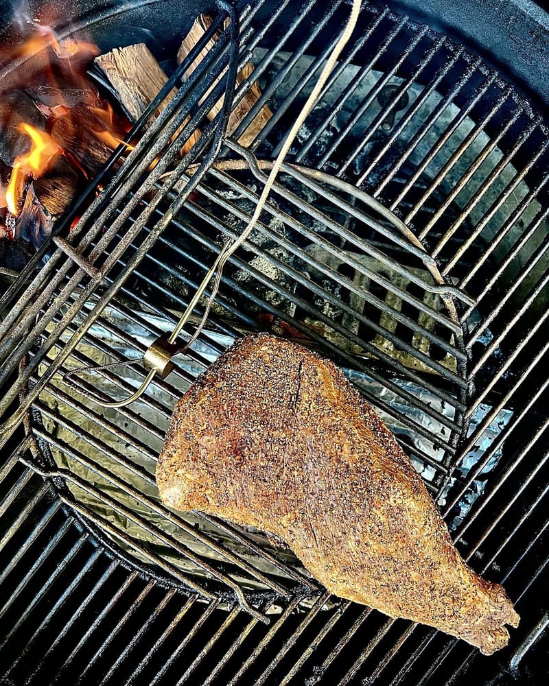 Weber smoker setup. I use a DIY Bro and Sear. Two weber baskets bolted together. This was a short smoke so only needed a…