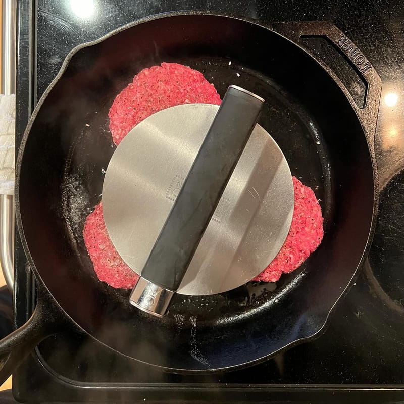 I use my burger press as a weight on anything I’m searing to help apply a little pressure to get a better sear. #burger