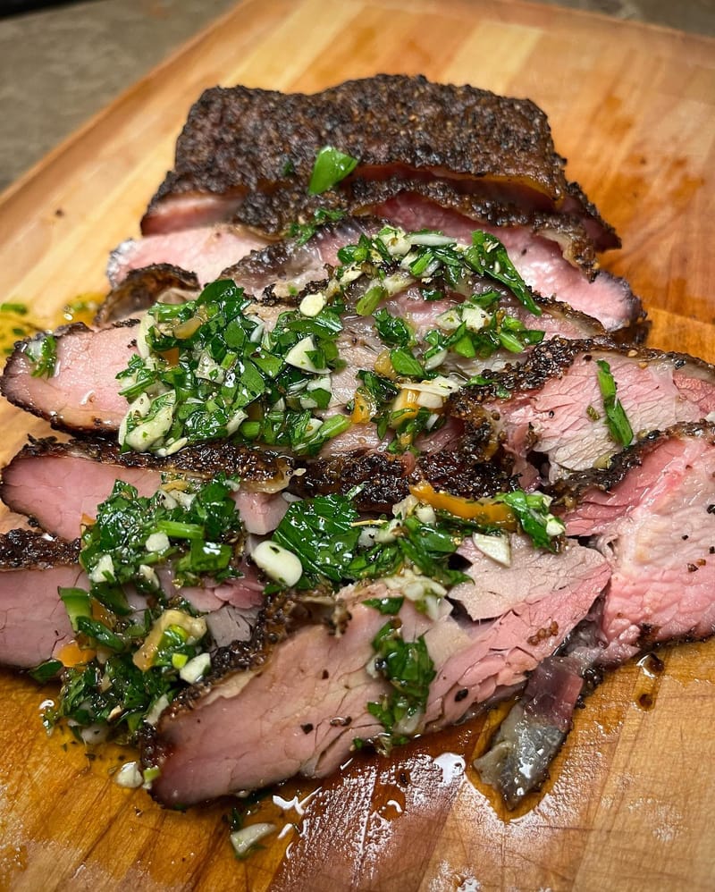 Pork brisket with chimichurri. Thanks Porter Road for brisket! Seriously one of the best tasting things I’ve ever cooked.…