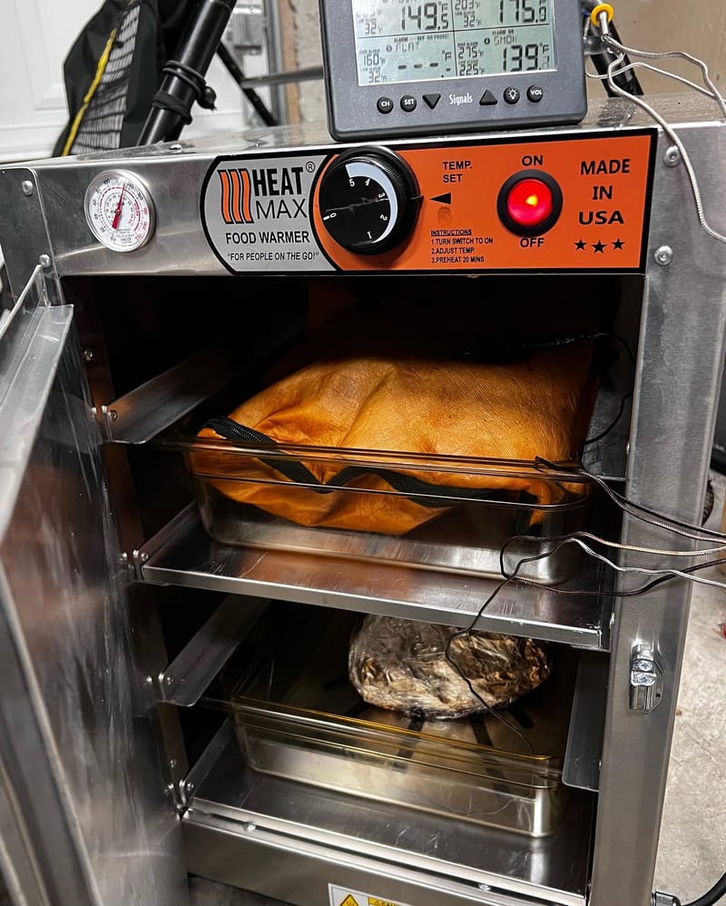 All tucked in for the night. Rest up. See you in the morning. #bbq #brisket #porkbutt
