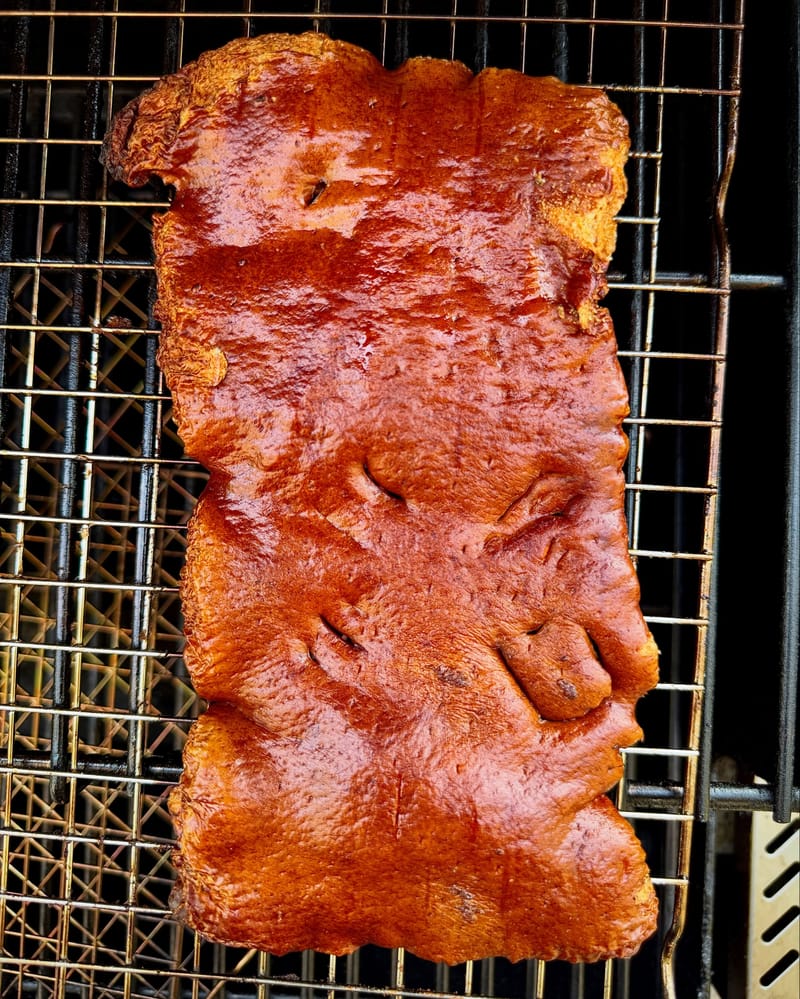 Smoked pig skin cracklin. Comment if you want to see the video and hear the crunchy sounds. Prick it. Salt. Overnight…