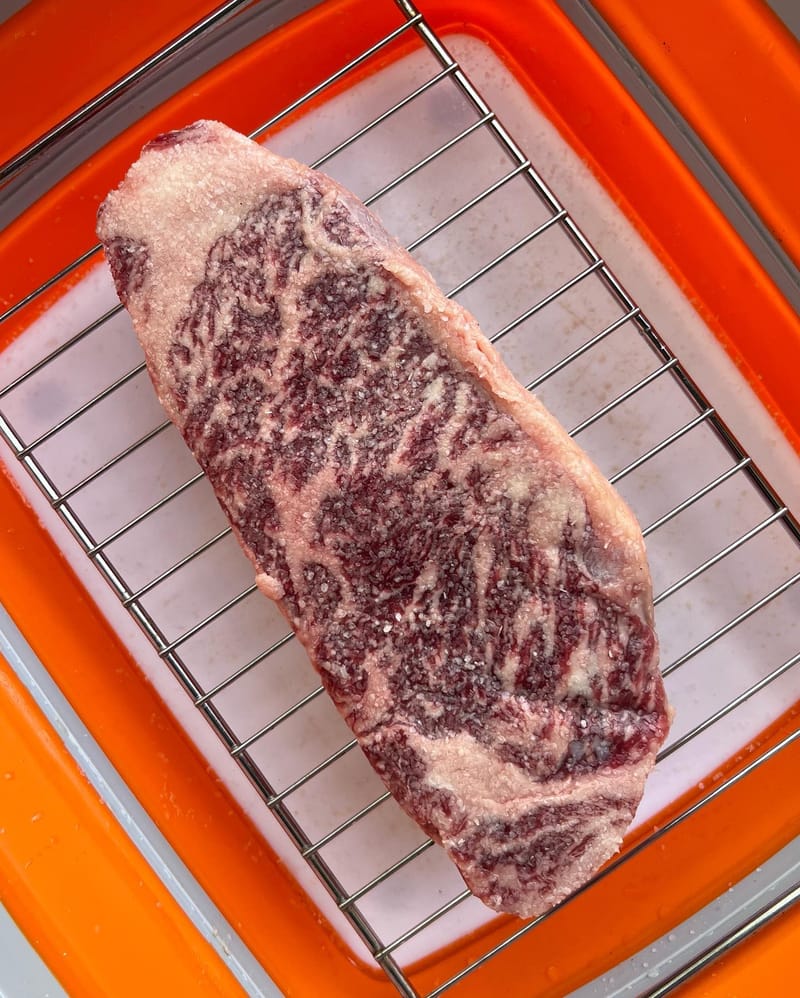 This @snakeriverfarms American Wagyu Strip Steak “Gold” is all salted and ready for the fridge until lunch tomorrow. #steak…