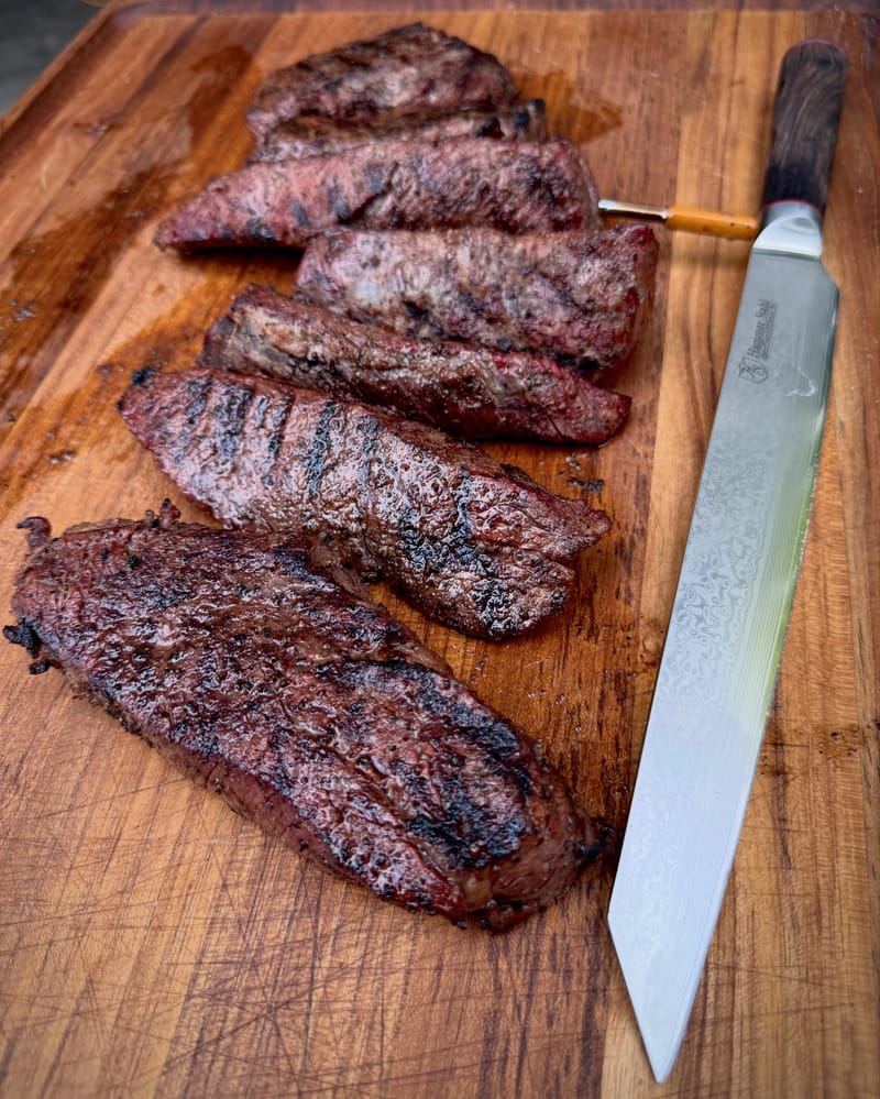 Perfect friday dinner. Reverse seared American wagyu tritip strips. Very tender, hint of smoke and delicious. Knife:…