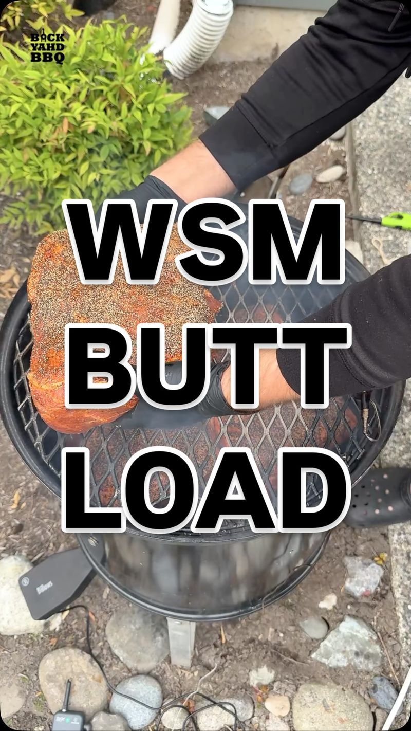 Loading my @webergrills WSM 18” with 4 butts. Monitoring temps with @thermoworks RFX and Billows fan. Also curious if @crocs…