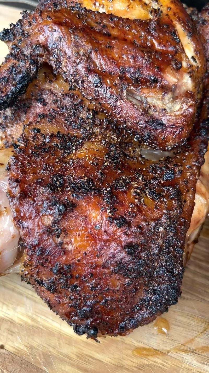 Reverse seared chicken. Smoke skin side up at 250 until 150 internal. Skin side down until crispy. Baste with butter garlic…
