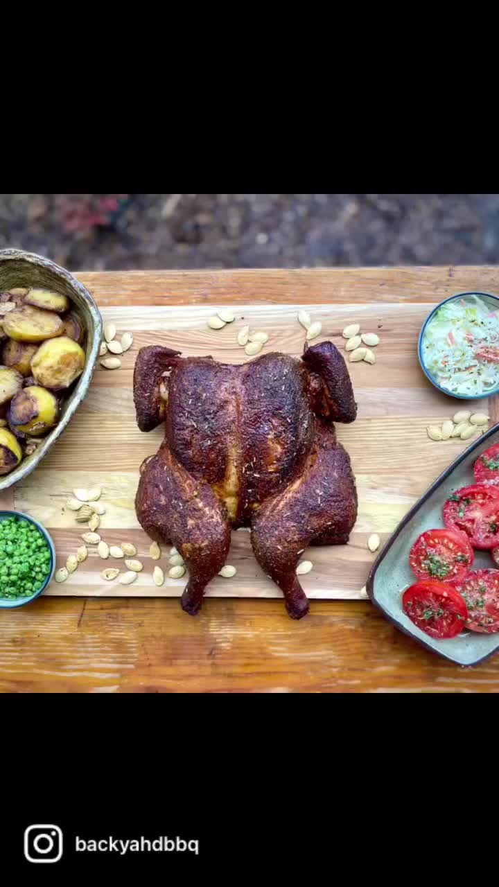 Smoked Chicken with fondant potatoes, herb peas and tomatoes, and slaw. On the @webergrills with @westernbbqwood Post Oak…