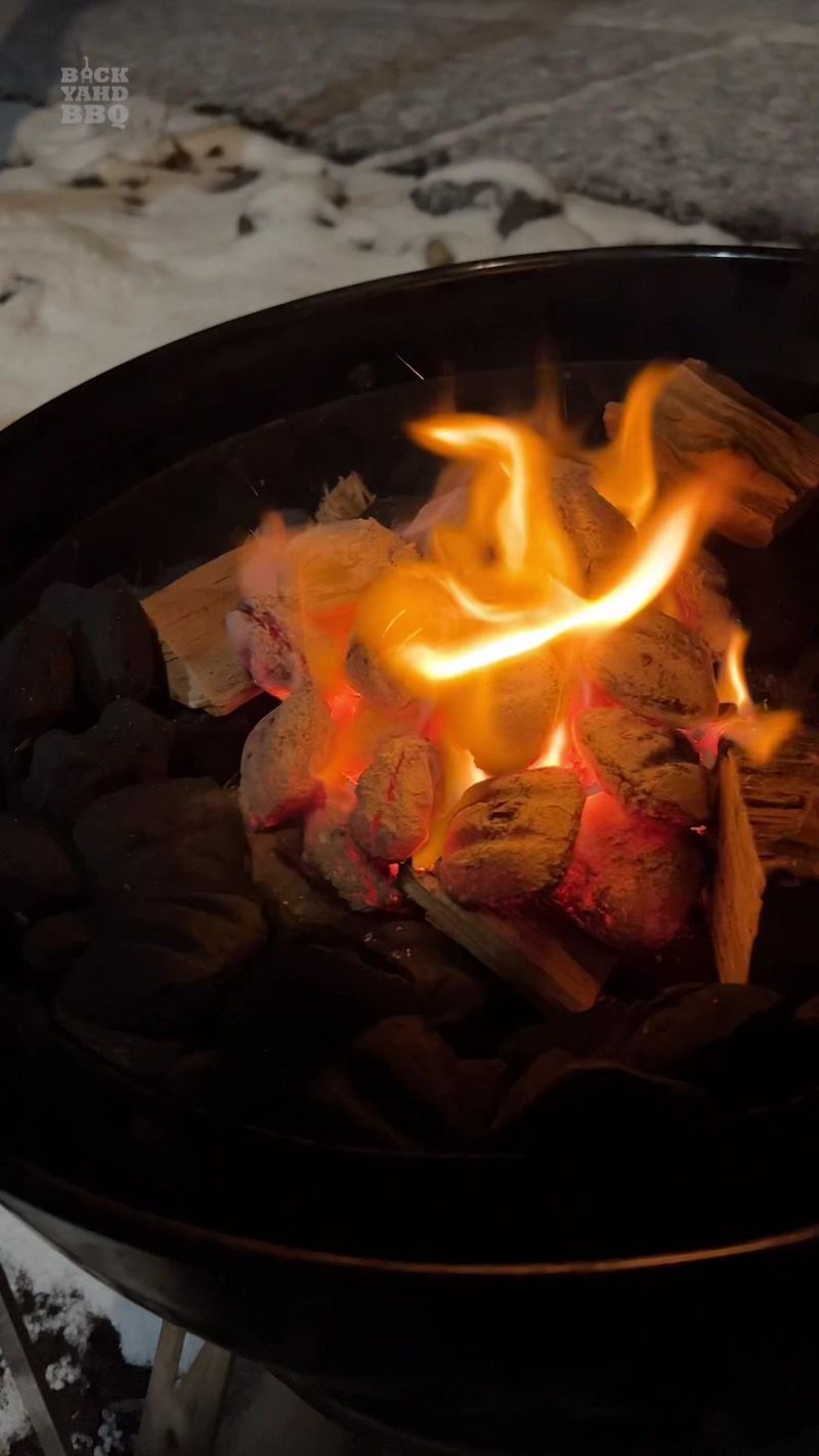 Rain or shine or snow, bbq must go on. Setting up the Weber Smokey Mountain for an all day beef rib cook with some hickory…