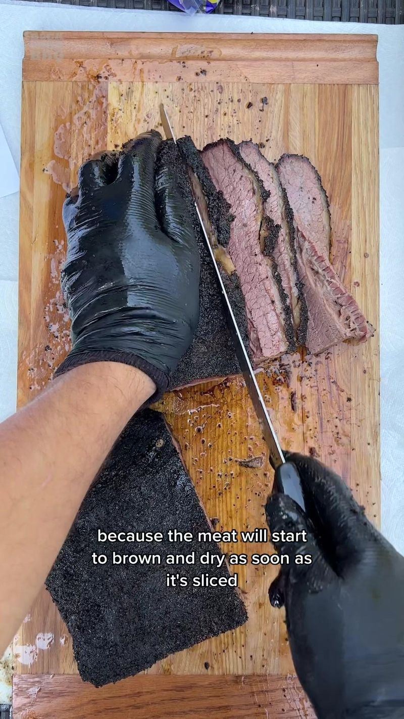 Let’s learn how to slice a brisket First put cotton gloves under your nitrile gloves to protect your hands from the heat. I…