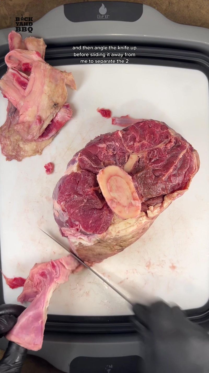 Here’s how I prep a beef shank I remove from the packaging and pat down with a paper towel. I like to trim off the thick…