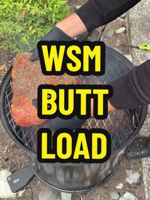 Loading my @Weber Grills WSM 18” with 4 butts. Monitoring temps with @ThermoWorks RFX and Billows fan. #bbq #porkbutt