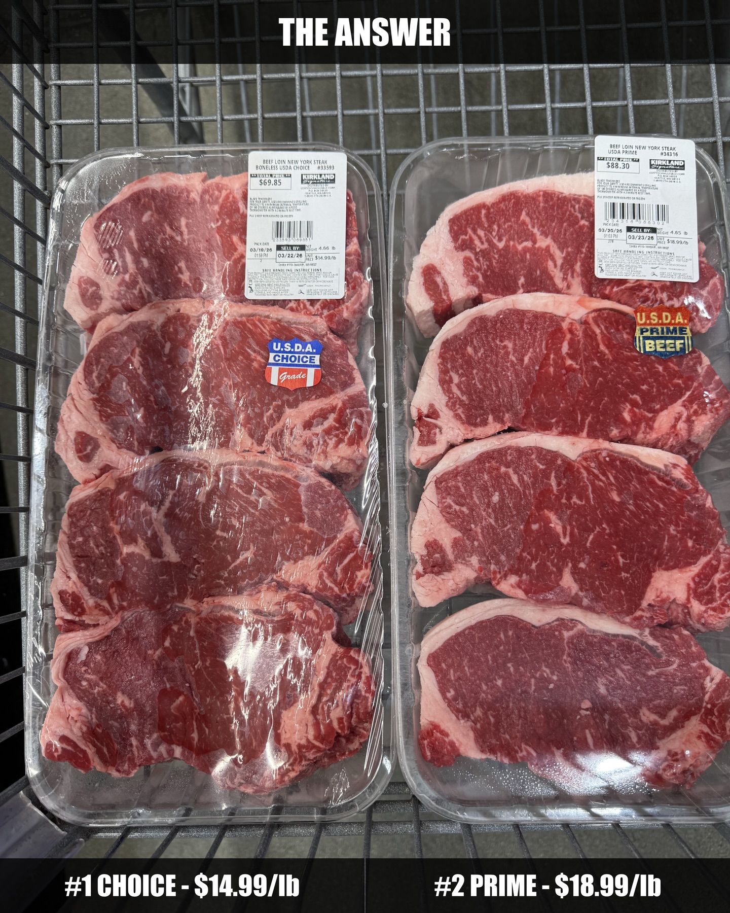 ANSWER

Steak 1 was USDA Choice at $14.99/lb. Steak 2 was USDA Prime at $18.99/lb.

We couldn’t tell a big difference and think the Choice looks better. Went with the Choice and saved $4 a pound.

So how do they decide what’s Prime vs Choice? A USDA grader splits the carcass between the 12th and 13th ribs, looks at one cross-section of the ribeye, and judges the marbling. More fat flecks, spread evenly = higher grade. They also factor in the age of the animal - younger cattle grade better.

Prime needs what they call “slightly abundant” marbling at minimum. Choice is a wide range with three levels - “moderate” at the top (upper 1/3), “modest” in the middle, and “small” at the bottom (lower 1/3). A top-of-Choice steak with moderate marbling can be really close to low-end Prime. The difference might be a few fat flecks one grader noticed on one slice of one muscle on one day.

About 10% of graded beef makes Prime today - way up from 2-3% a couple decades ago. So it’s not as rare as the price tag suggests.

Based on the marbling, ours was probably upper 2/3 - moderate or modest level. Great steak. Family loved it.

Sometimes you’re paying for a label, not a better meal. Buy what looks good to you.

#steak #steaklover #usdaprime #beef #bbq