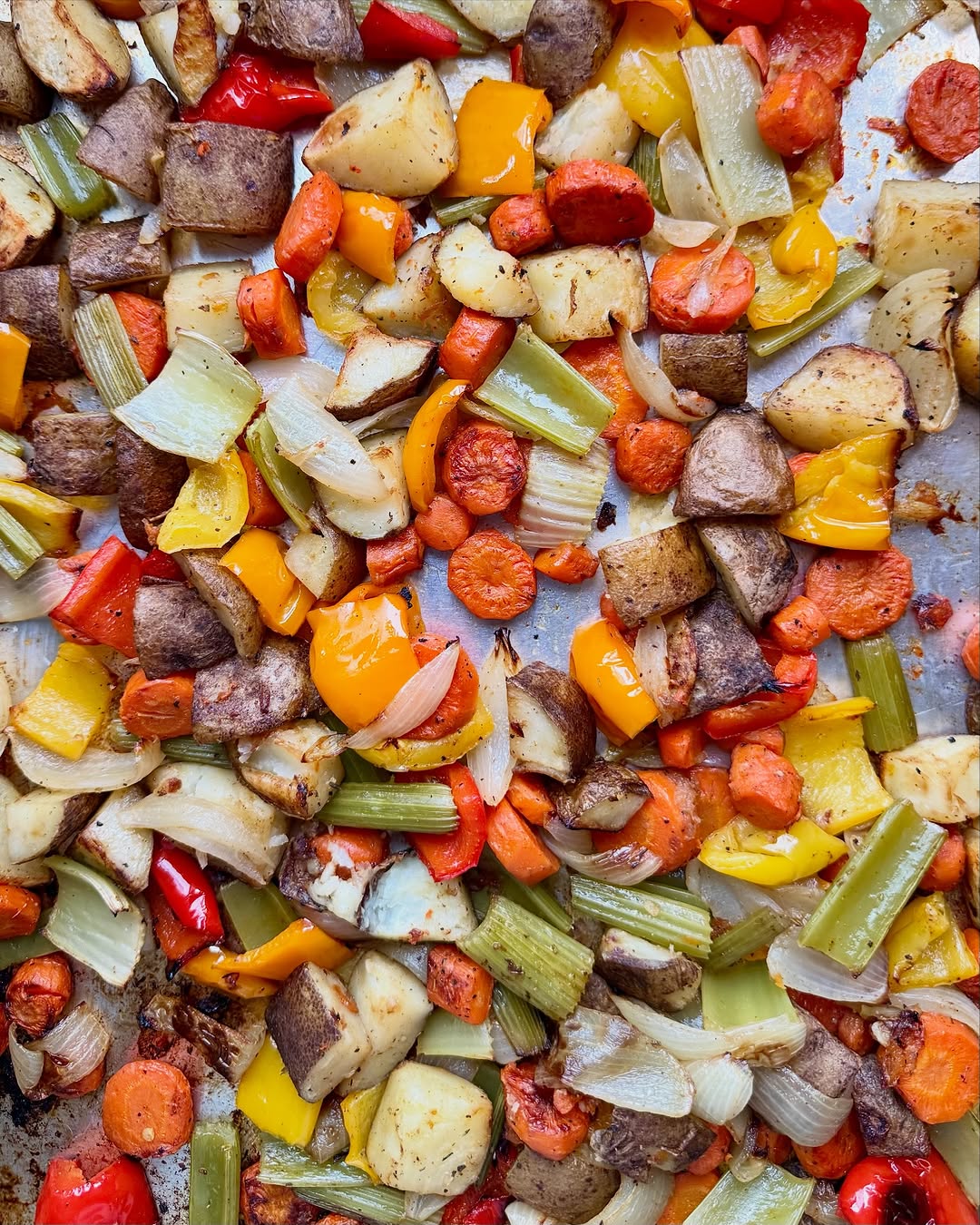 She asked if we were eating vegetables, so here’s some proof of life. Nothing better than a sheet full of roasted potatoes, carrots, peppers, onions, and celery.  Super simple, just avocado oil, salt, pepper, garlic, chili powder, and some herbs. Potatoes and carrots for 15 minutes at 425 then add everything else for another half hour or so.