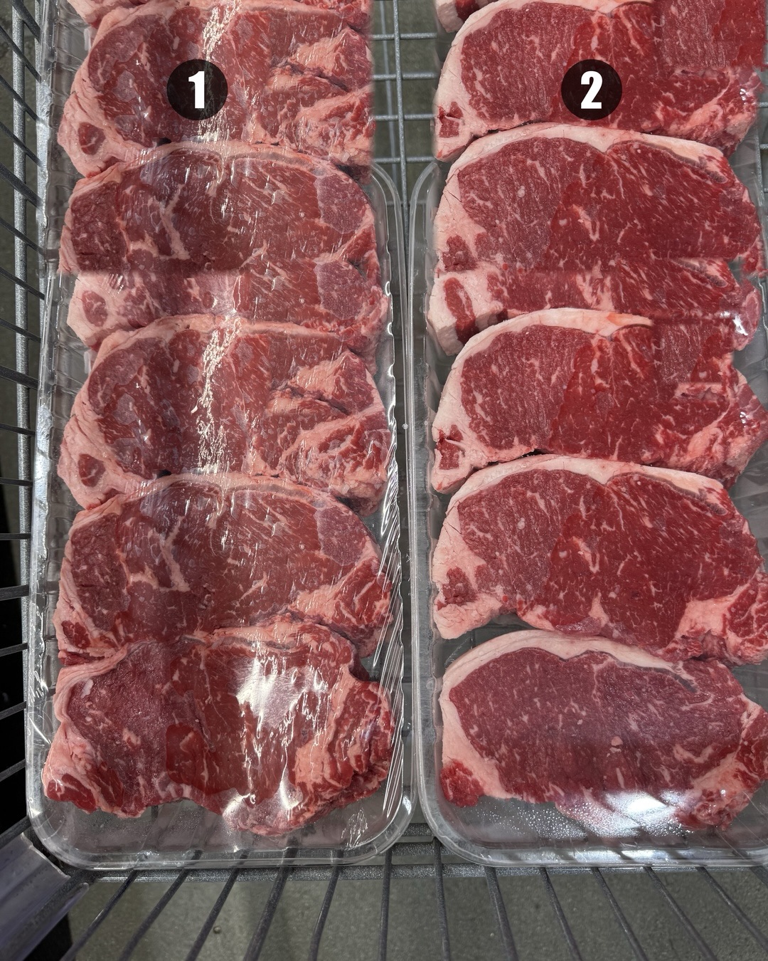 Can you tell the difference?

One of these is USDA Choice, the other is USDA Prime. Swipe to see the close-up marbling.

Which one would you pick - 1 or 2? Drop your guess in the comments below

Would you pay $4 more per pound for either one?

Answer reveal coming soon...

#steak #steaklover #usdaprime #beef #bbq