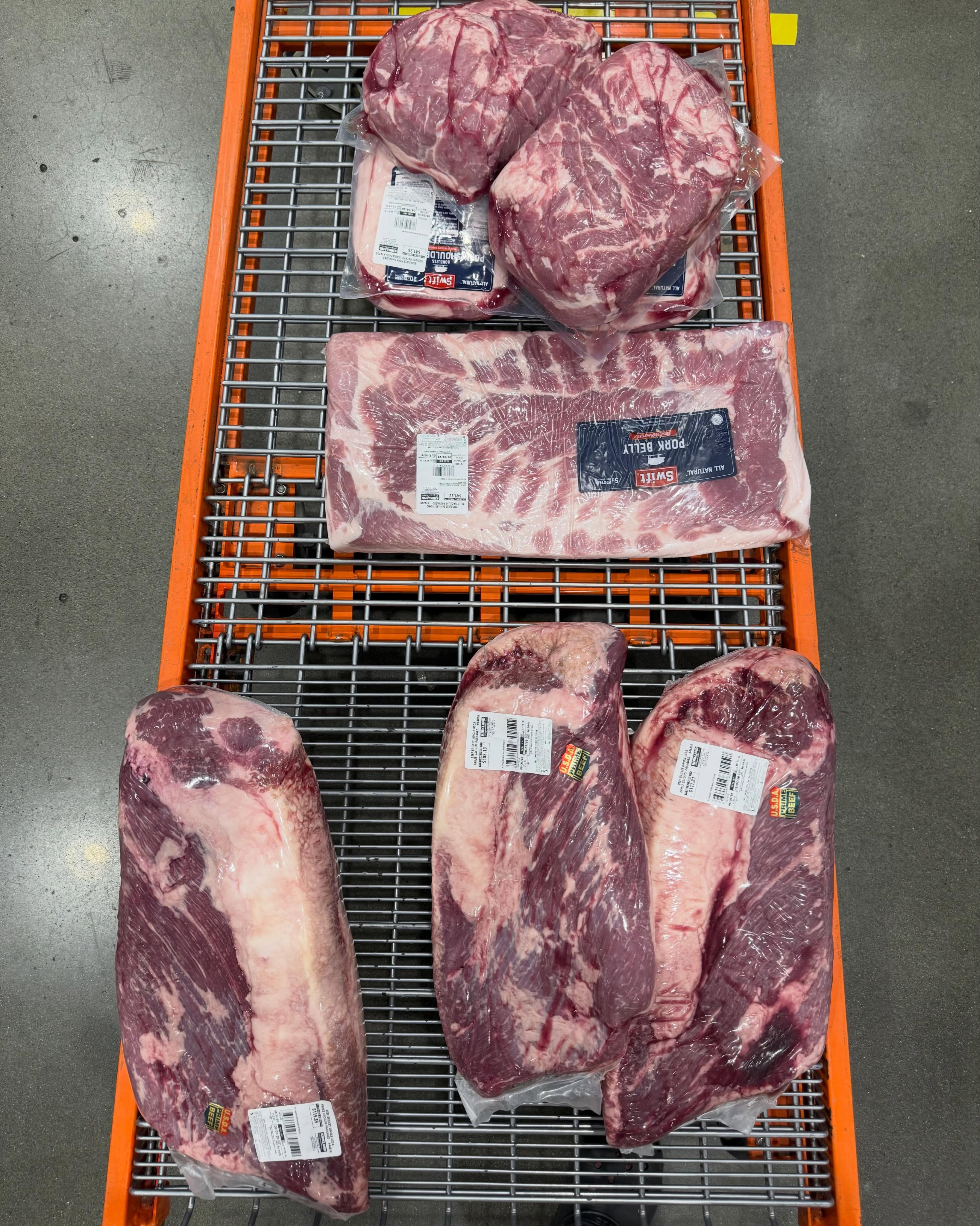 My go to joke to the cashier is to ask if these are vegan. If they are cool they’ll say “they were”…
They had some nice looking prime briskets but only 3. I have to run back tomorrow to get the 4th. 110 person party. 4 18lb briskets. 4 8lb pork butts. Bonus 10 lbs of pork belly burnt ends. Planning to yield 50% which works out to about .5 lb per person.