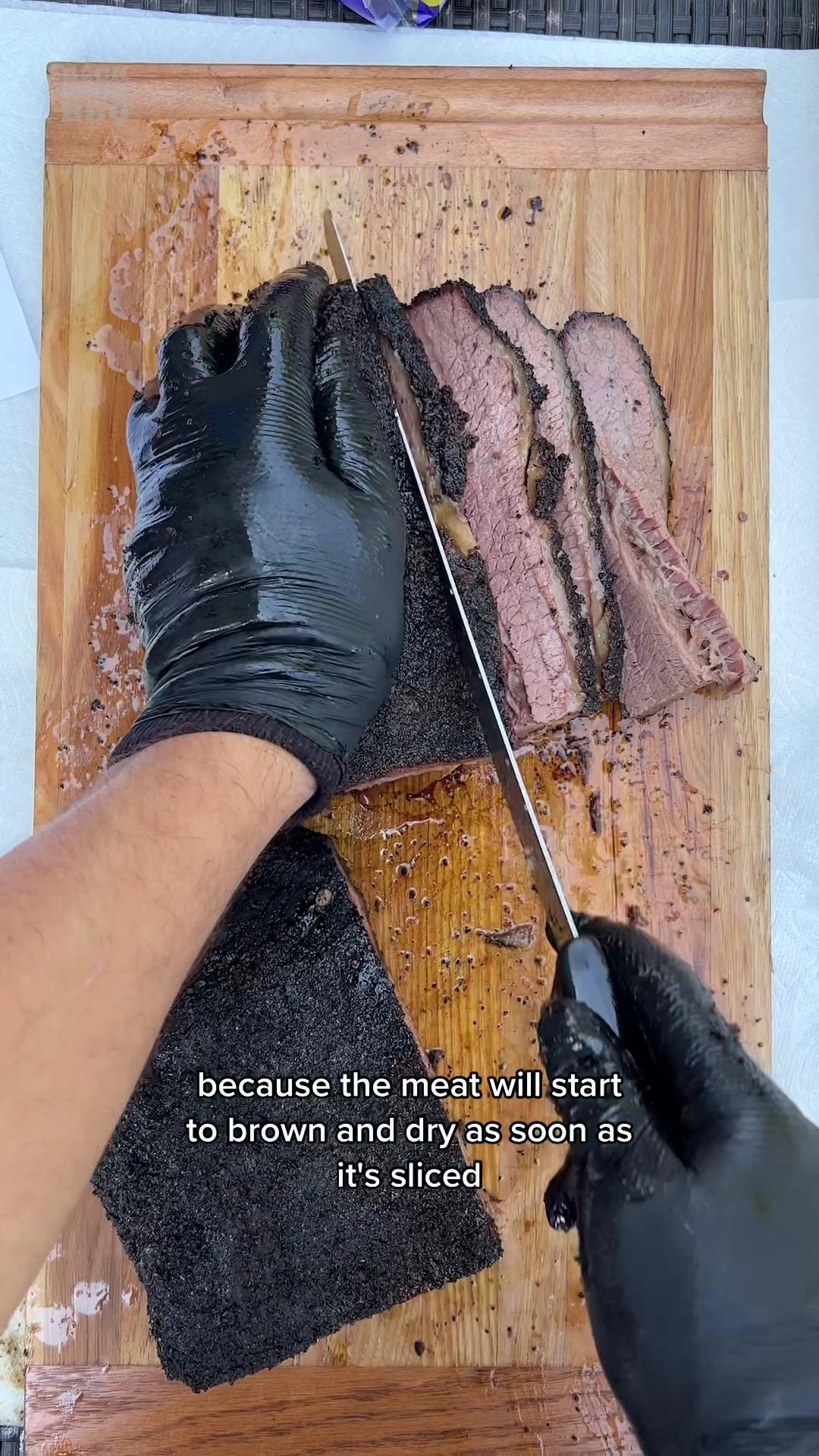Let’s learn how to slice a brisket First put cotton gloves under your nitrile gloves to protect your hands from the heat. I like this 12” serrated victorinox knife, because it’s long enough to cover the whole brisket width, and it’s thin, but any bread knife will work. Place the brisket down on your cutting board with point on your right and flat on your left, find the end of the point in the middle, gently rest your left hand on the flat and place your knife to the right of your hand. Using a gentile sawing motion, slice all the way down to the board being careful not to upset the top bark and don’t drag the bark on the underside of the brisket.   Slice a big chunk off the hump, that’s the side of the point opposite the mohawk, optionally cut off the bottom flat muscle, and slice that into burnt end chunks. Slice the point into roughly ½ inch slices.  Only slice as much as you need to serve because the meat will start to brown and dry as soon as it is sliced. Slice the flat in roughly ¼ inch slices. Music by @asmusplaysguitar so much goodness up on his page. Check him out! #bbq #brisket #smokedmeat #howto #learnontiktok #bbqtiktok #bbqtips #barbeque #smokedbrisket #meat #cooking 