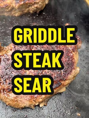 To get a good sear when griddling steaks the whole surface of the steak needs to be in contact with the griddle. You need to put some weight on it. If you’re doing one or two, a spatula works. If you’re doing a bunch, then grab a sheet tray, put it on top of the steaks and lightly press down for a 10 seconds or so to help it get that contact, and then just keep the trays on top so the steaks get constant griddle contact for the remainder of the cook. It’s not perfect, but it’s definitely better than a nasty bald spot on your meat. #bbq #steak #meat #griddle
